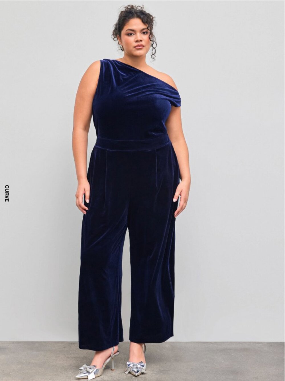 Cider Velvet Asymmetrical Neck Pocket Jumpsuit Dark Navy 1XL